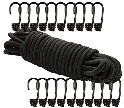 Dreamprint Expanderseil 30 m Schwarz 8 mm Gummiseil Gummischnur Spannseil Planenseil Gummileine elastisches Seil mit 20 Spiralhaken ø 8 mm