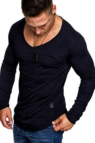 Amaci&Sons Oversize Herren Longsleeve Vintage Sweatshirt V-Neck Basic V-Ausschnitt Shirt 6060 Navyblau XL