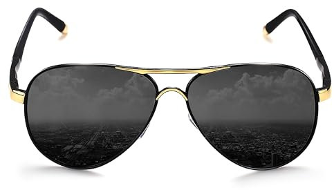 ROCKNIGHT Unisex-Erwachsener Polarisierte Flieger-Sonnenbrille Metall Flat Top Sonnenbrille Leichtbau Driving Uv400 Außen Mittel Golden Black Frame/Grau Lens (Nicht Mirror)