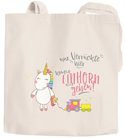 Jutebeutel Nur Verrückte hier komm Einhorn wir gehen Unicorn Sprüche Spruch Baumwolltasche Stoffbeutel Tragetasche Moonworks® natur 2 lange Henkel