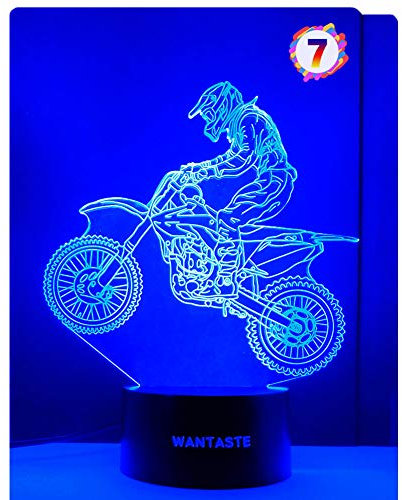 WANTASTE Motocross 3D Lamp Gifts for Boys Girls Room, Dirt Bike Decor Toys Night Light Bedside Gifts for Kids Baby, 7 Colors Changing Nightlight with Battery Backup and Smart Control