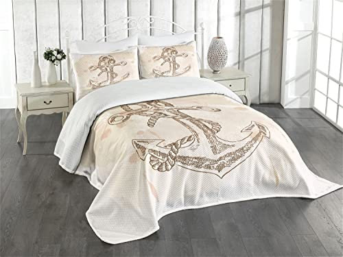 ABAKUHAUS Anker Tagesdecke Set, Marine Rope Sommerferien, Set mit Kissenbezügen Waschbar, für Doppelbetten 264 x 220 cm, Creme
