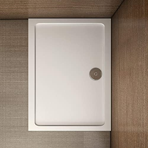 AICA SANITARIOS Plato de Ducha Rectangular y Cuadrado 100x80cm + Accesorios de Desagüe - Piedra Artificial con Recubrimiento Acrílico - Blanco - Moderno