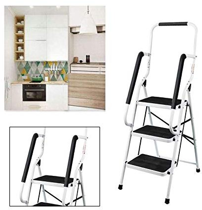Escabeau pliable à 3 marches en acier avec main courante - Antidérapant - Transport et rangement faciles - Pour la cuisine, la maison, le bureau - Peinture DIY - Charge maximale : 150 kg