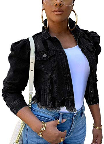 Omoone Women's Ripped Puff Sleeve Denim Crop Top Long-Sleeve Cropped Jean Jacket - Black - x-Large