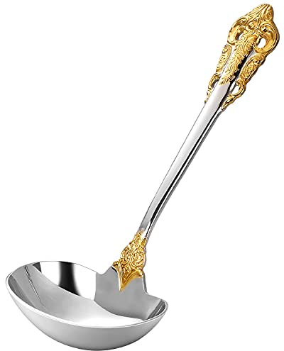 KEAWELL Luxury Gravy Ladle, 18/10 Stainless Steel, Gold Accent, Small Gravy Spoon for Home. Solid and Sturdy, Dishwasher Safe
