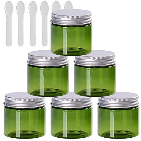 TIANZD 6 Pieces Empty 50ml Grün Plastic Cosmetic Jars with Silver Screw Lid 50g Small Pot for Cosmetic Travel Homemade Cream Gel Lip Balm Salve Storage Containers+ 6X Spatula