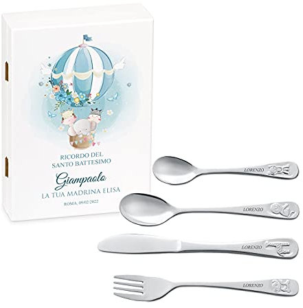 Maverton Set di 4 posate per bambini con incisione + scatola in legno con stampa personalizzata - motivo animali - idee regalo per il battesimo bimbo - legame