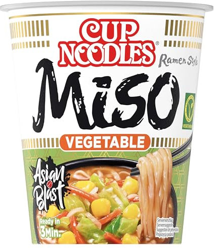 Nissin Cup Noodles – Miso, Einzelpack, Soup Style Instant-Nudeln japanischer Art, mit Miso-Paste und Gemüse, schnell im Becher zubereitet, vegetarisch, asiatisches Essen (1 x 67 g)