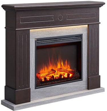 BALDERIA Leandros Elektrokamin - Elektrischer Standkamin mit Heizung 1000/2000 W, realistischer 3D-Flammeneffekt, LED-Beleuchtung, Fernbedienung programmierbar, Timer, Thermostat - Dunkelbraun