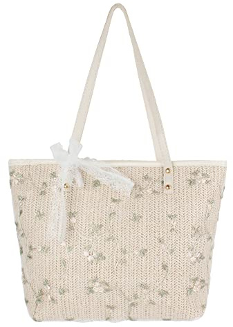 MEGAUK Damen-Einkaufstasche im Urlaubsstil, große Kapazität, Strandtasche, Stroh, gewebt, Einkaufstasche, beige, Einheitsgröße