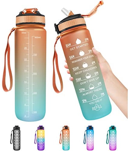 1 Litre Water Bottle with Straw, Time Markings Motivational Sport Water Bottles, Bpa Free Tritan Drinks Bottle for Girls, Boy, Fitness, Outdoor, Cycling, Gym, School & Office (Orange Green)