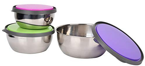 Jadeshay Juego de 3 Cuencos para Mezclar de Acero Inoxidable, Ensaladera con Tapas Herméticas Hermeticos Apilables, Bol Metalico para Hornear, Cocinar y Servir