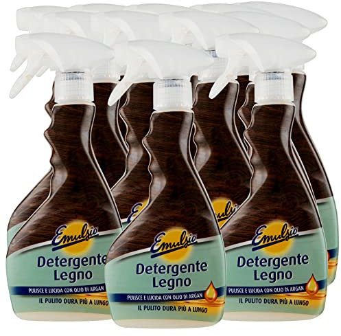 12x Emulsio Detergente Legno Spray Pulente e Lucidante con Olio d'Argan per Mobili in Legno - 12 Flaconi da 375ml ognuno
