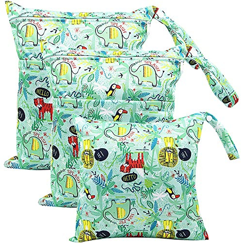 WANYIG 3 Stück Wet Dry Cloth Windeltaschen Wiederverwendbar Wetbag Nasstaschen Wickeltasche Wasserdicht Waschbar mit Reißverschlusstasche/Druckknopfgriff(Farbe 3)