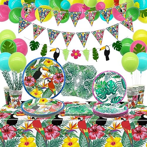 Hawaiianisches Luau-Partyzubehör – tropisches Geburtstagsbanner, Latexballon, Palmblätter, Hibiskusblüten, Pappteller, Servietten, Tassen und Tischdecke für Sommerparty-Dekorationen, für 20 Gäste
