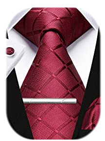 HISDERN Herren Hochzeit Burgund Krawatten und Einstecktuch Krawatte Plaid Manschettenknöpfe-Krawattenklammer-Set