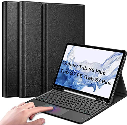 QYiiD Tastatur Hülle mit Touchpad für Galaxy Tab S7 FE / S7+/S7 Plus/S8 Plus 2022, Abnehmbare Kabellose QWERTZ Tastatur mit Schutzhülle/Trackpad für Galaxy Tab S7 FE 12,4 Zoll 2021, Schwarz