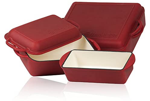 Mahlzeit Juego de Utensilios de Cocina de Hierro Fundido Esmaltado Dark Cherry | 3 Piezas | 10,8 L, 4,8 L, 1,6 L | Asadores con Tapa y Cazuela | Ollas de Cocina Esmaltadas