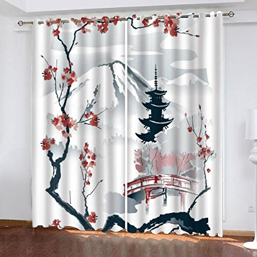 Woowin Rideau Occultant Fleurs De Cerisier - Rideaux Chambre Enfant & Salon Moderne 3D Style Japonais - Isolant Thermique Anti Froid Polyester Anti Bruit - Grande Largeur 70x160 cm - 2 Pièces
