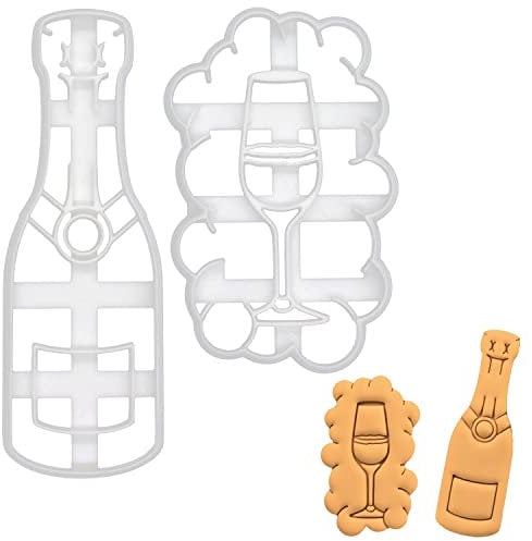 BAKERLOGY Set of 2 Champagne Bottle and Champagne Glass Cookie Cutters - Detailed Biscuit Cutter Design for Baking and Crafts, Ideal on Fondant, Dough, Clay