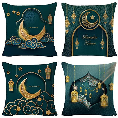 4 Stück Kissenbezug 45x45cm, Ramadan Dekokissenbezüge, Kissen Kissenbezüge, Stern Mond Kissenbezüge, Eid Muslimisch Kissenbezug Sofakissen für Ramadan Kareem Party,Sofa,Couch,Bett,Home Decor (A)
