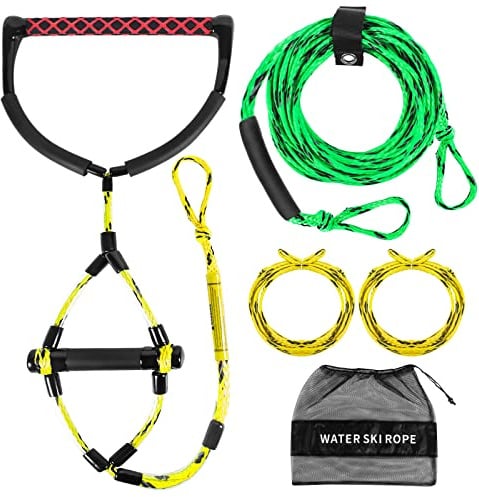 Wakeboard Wasserski Abschleppseil für Motorboot Wassersport Seil mit EVA-Griff (grün und gelb, 4 Abschnitte)