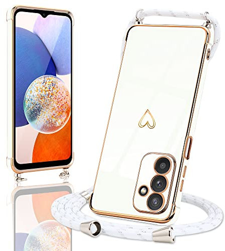 Micoden Handykette kompatibel mit Samsung Galaxy A14 5G,Ultra dünn Kameraschutz Herz Love Design Galvanik TPU Silikon Bumper Kordel zum Umhängen Handyhülle mit Band Schutzhülle,Weiß