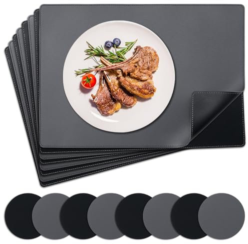 NOSTHEART Tischsets Abwaschbar 8er Set, Platzsets Abwischbar Tischsets Leder Hitzebeständig rutschfest Platzdeckchen mit Untersetzer Rund, Doppelseitigen Mit Randnähten, Schwarz Grau