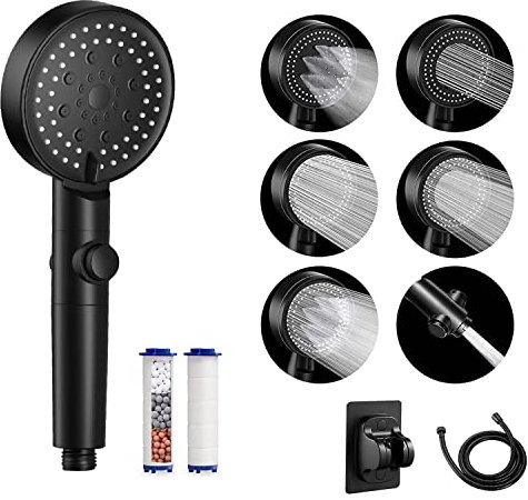COMVIDA Hochdruck Handbrause Sparduschkopf mit Filter & Wasserstop,Duschkopf mit 6 Strahlarten,mit Schlauch und Halterung,Mattschwarz,CV-50001-N