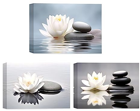 CCWACPP Zen Leinwand Wanddrucke 3 teilig Bild mit weißem Lotus und schwarzen Zen Steinen für Yoga Spa Meditation spirituelle Raumdekoration Badezimmer 40x60 cm x 3