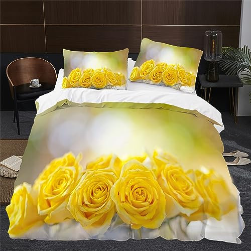 Duvet Cover Sets 150x200 Yellow Rose Bedding Super Soft Print Microfibre, The Flowers Quilt Cover with Zipper Closure and 2 Pillowcases 19x29 for boy girls