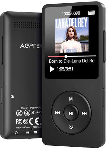 AGPTEK A02 MP3 Player with Bluetooth 5.3, 1.8 inch Screen Portable Music Player with Speaker, FM Radio, Voice Recorder, Supports Expanded Up to 128GB(Black, 32GB)