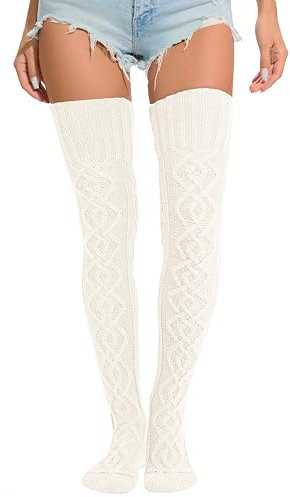 SherryDC Scaldamuscoli da donna a maglia a treccia calze alte sopra il ginocchio extra lunghe calze stivali, bianco, taglia unica