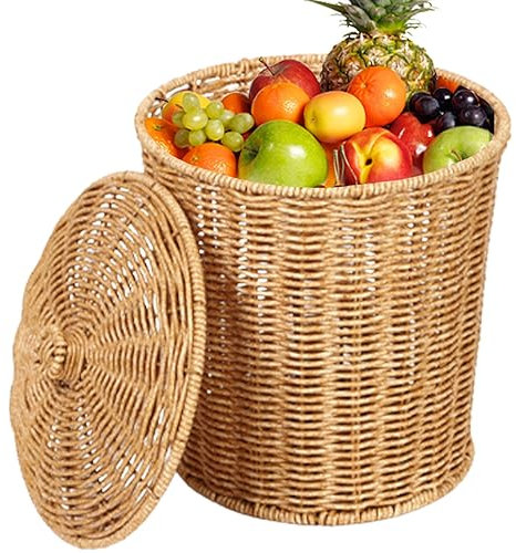 Neroyaner Wicker Basket with Lid 9x11 Inch Multifunction Wicker Trash Can Round Woven Laundry Baskets for Bedroom Living Room and Bathroom