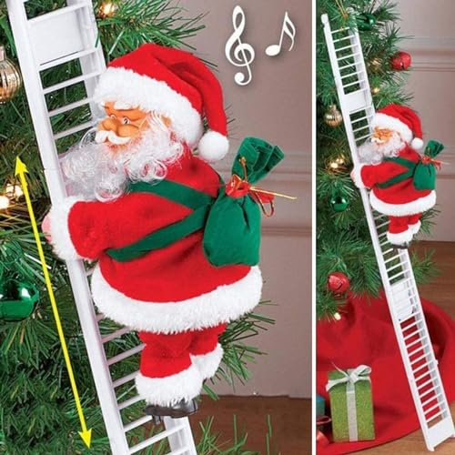 QUAAM Elektrische Kletterleiter, Weihnachtsmann auf Leiter klettern, mit Musik, Weihnachtsmann, der die Leiter zum Weihnachtsbaum klettert, hängende Ornamente für einen festlichen Touch (weiß)