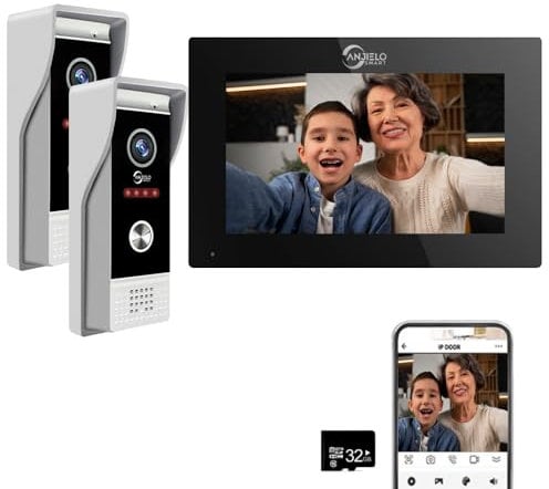 ANJIELO SMART TUYA Sonnette vidéo 1080p avec écran tactile 7 Interphone vidéo, prise en charge de l'enregistrement automatique, vision nocturne infrarouge, détection de mouvement, 2 sonnettes
