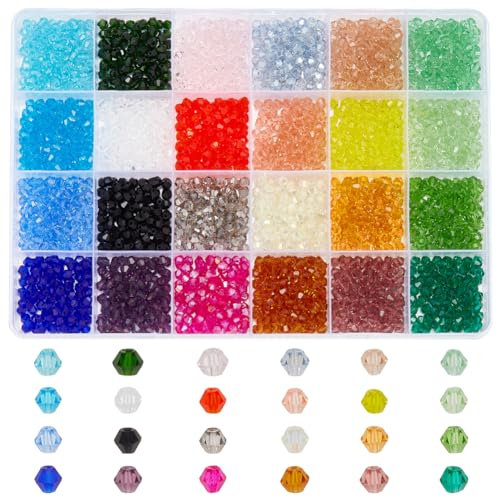 PH PandaHall 2400pcs 24 couleurs Perles de cristal 4mm Perle de verre Perles colorées brillantes Perles de verre toupies à facettes pour Bracelet Collier Boucle D'oreille Décor de sacs à fleurs