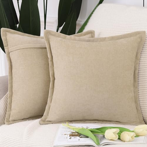 Madizz 2er Set Fransen Chenille Schlicht Zierkissenbezüge Modern Kissenbezug Kissenhülle Sofakissen Lendenkissen für Sofa Schlafzimmer Kamel 50x50 cm