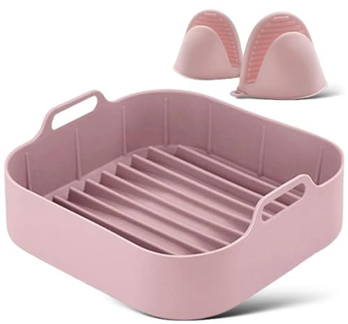 YEMMAR 21CM Molde Silicona Freidora de Aire Rosa Accesorios Freidoras de Aire Ninja 4,7L Cecotec 6L, 5,5L Bandeja Moldes para Air Fryer Recipientes Cuadrado Cesta Accesorios para Freidora sin Aceite