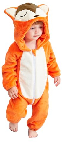 Baby Strampler Winter Warm Flanell Stitch Dinosaurier Einhorn Kostüme, Cute Onesie Schlafanzug Mit Kapuze, Kinder Pyjamas Schlafsack Mit Ärmel Füßen Fuchs 80 (6-12 Monate)