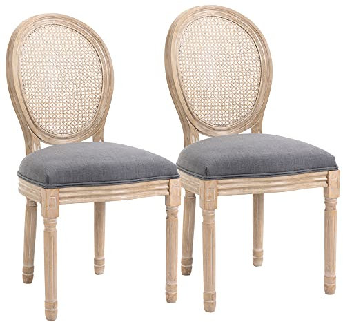 HOMCOM Esszimmerstühle 2er Set Küchenstuhl mit Rattan-Rückenlehne, Leinenoptik, Gepolsterter Polsterstuhl im Französischen Stil, für Wohnzimmer, Esszimmer, Grau