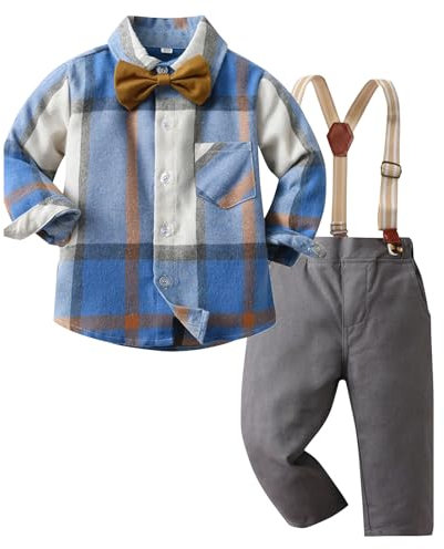 Kunyeah Junge Gentleman Plaid Outfits Kleinkind Langarm-Shirt mit Schleife Krawatten Hosenträger Hosen Kind Kleid Anzug für 1-6 Jahre