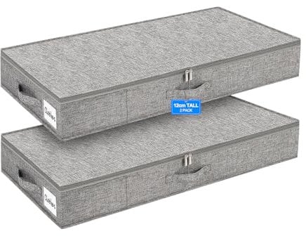 Huquter Low Under Bed Storage Box with Lid, 2 Pack 12 CM Tall Low Underbed Storage Boxes with Sturdy Side & Bottom Support, Fabric Thin Shallow Under Bed Sofa Storage Organiser Bags for Clothes Duvets