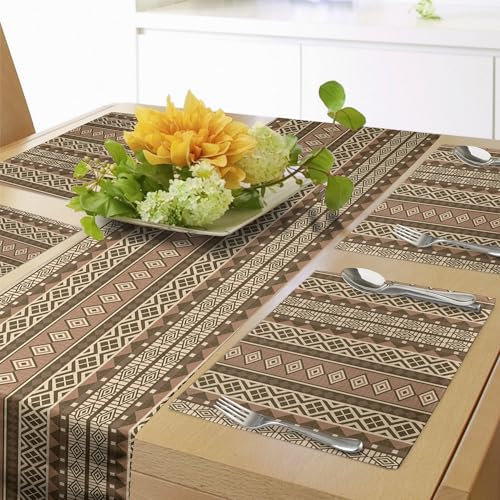 ABAKUHAUS orientalisch Tischläufer & 4 Stück Tischsets, Geometrische afrikanische Kultur beeinflusst Rhomben und Fischgrätenmuster, Tischdeko-Set, 180 x 40 cm, Hellbraun Beige Braun
