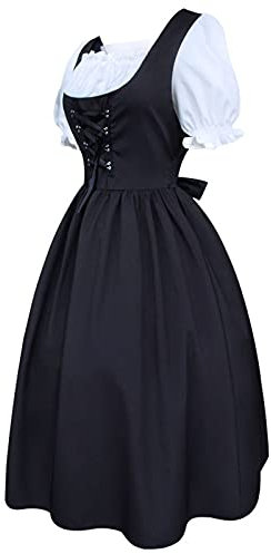 Oktoberfest Damen Outfit | Trachtenrock Dirndl Hochgeschlossen Trachtenmode Midi Schlicht Dirndlkleid Boho Schürze Lang Drindl Trachten Tracht Schuhe Sommer Trachtenkleider (Schwarz, L)