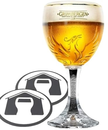 GarageBar Grimbergen-Glas, 33 cl/halbes Pint-Glas, offizieller Merchandise-Artikel, wird mit 2 Bier-Tropfmatten (1 Glas) geliefert