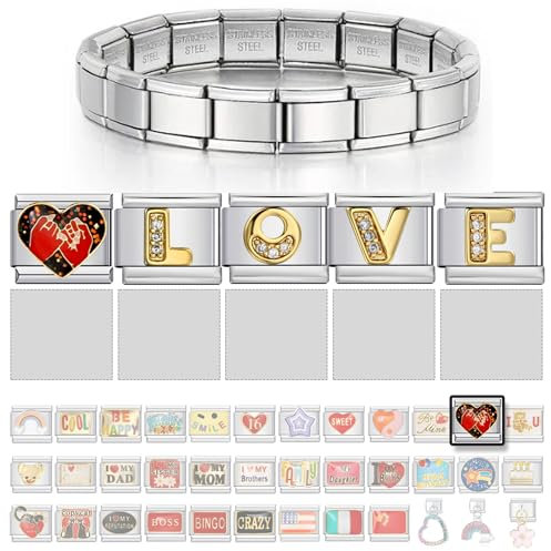NOOFNO Italienisches Charm-Armband – Wählen Sie einen Starter mit Symbol- und Buchstaben-Charms, personalisiertes Namensarmband, Geschenk für Frauen, Männer, Liebe, Mutter, Vater, Familie, Freunde,