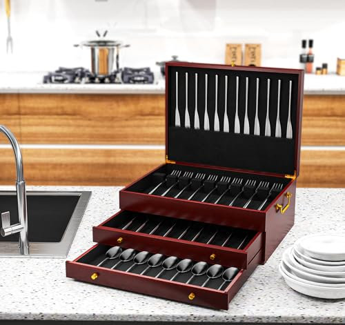 mopam Wood Silverware Chest Without Silverware,Silverware Storage Box 3-Layer Wooden Silverware Chest with Drawer for Spoons Tongs Serving Utensils