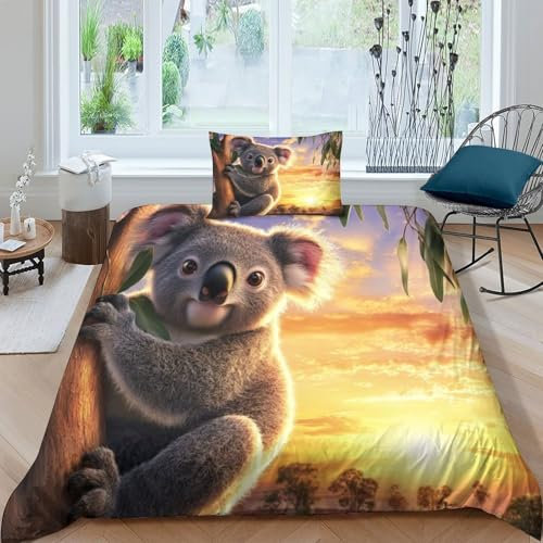 ZYGAOKDD Bettwäsche-Set 3D Koala Bettbezug Für Kinder, Jungen, Mädchen, 2-teilig, Bettbezüge Mit Reißverschluss Single（135x200cm）